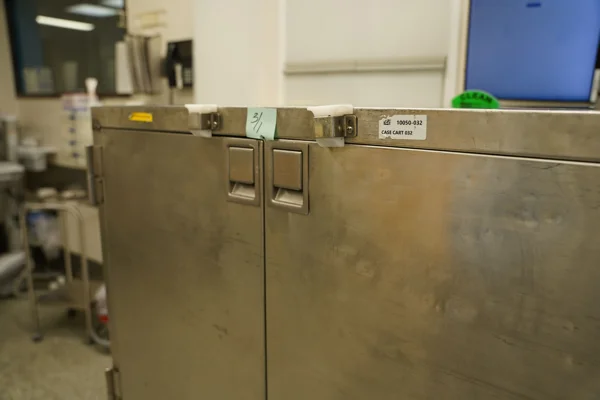 Surgical cart with manual sticky notes showing current inefficient practice