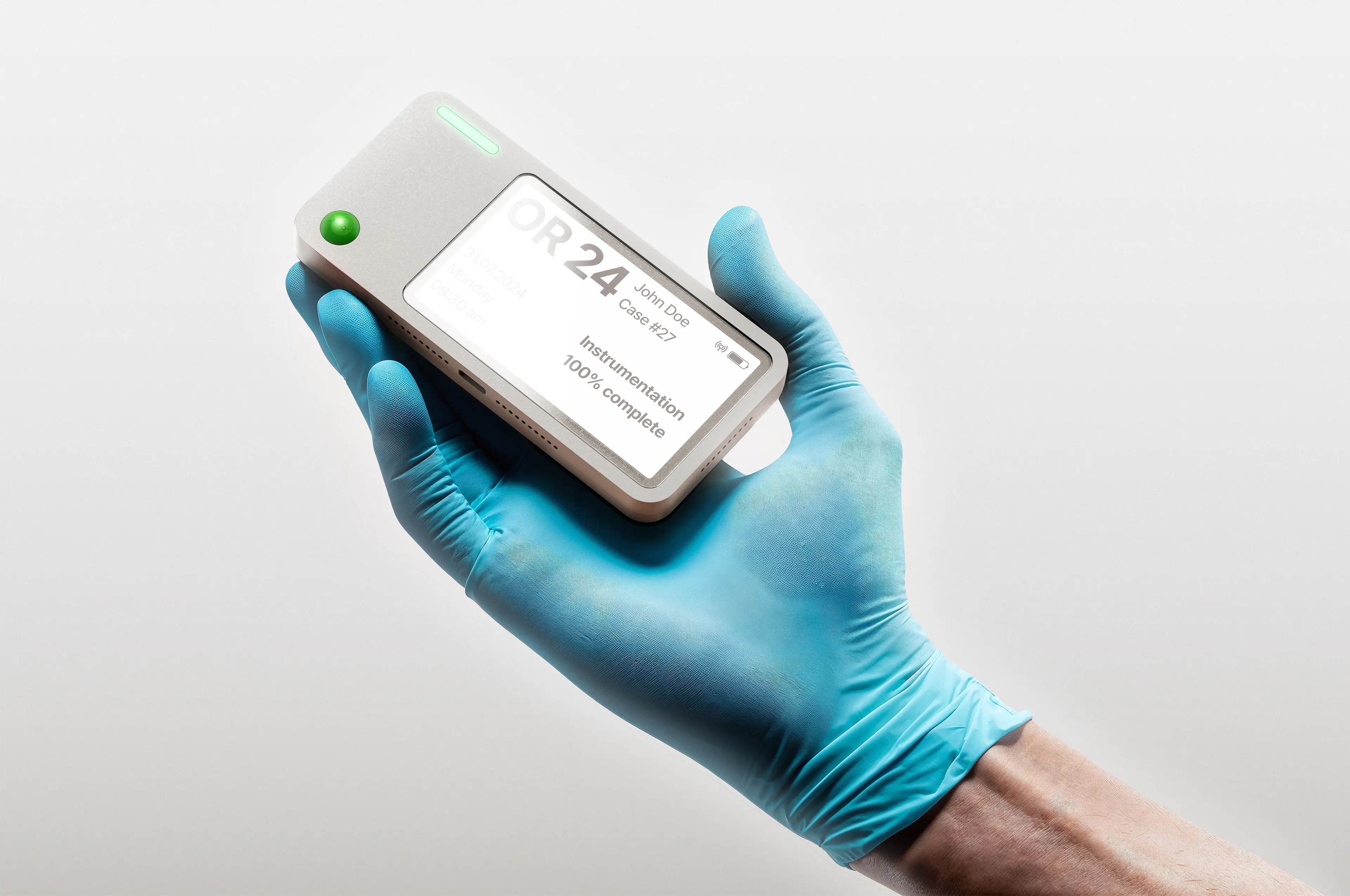 Compact Juno e-paper device shown at actual size for surgical workflow management